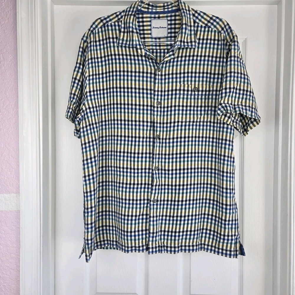 Tommy‎ Bahama Blue Silk Plaid Shirt Mens Size XL Short Sleeve Button-Up Travel